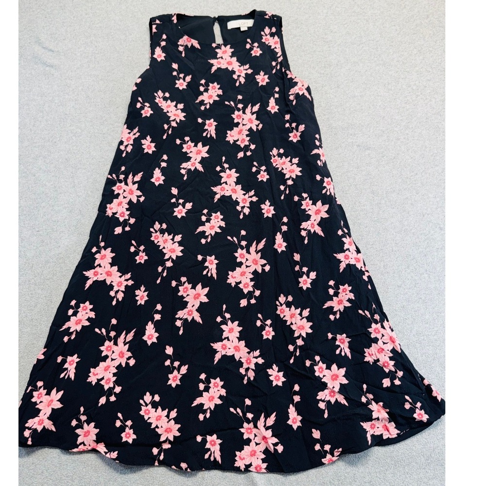 LOFT Women's S Black Pink Floral Sleeveless Swing Dress Keyhole Back Midi A-Line